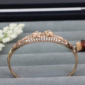 Elegant Rose Gold Bangle with Twin Floral Diamond Accents, XPBL0588